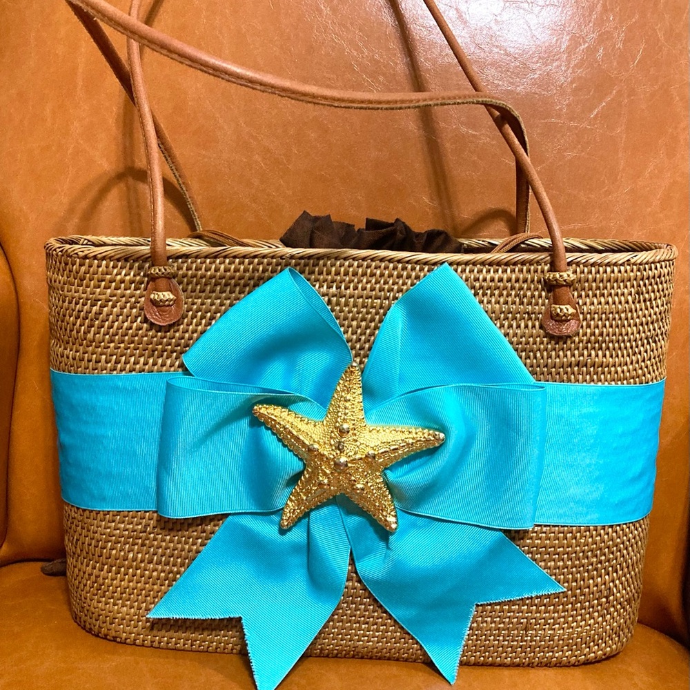 Bosom Buddy Bags Straw Purse Tote Turquoise Ribbon Gold Starfish Drawstring
